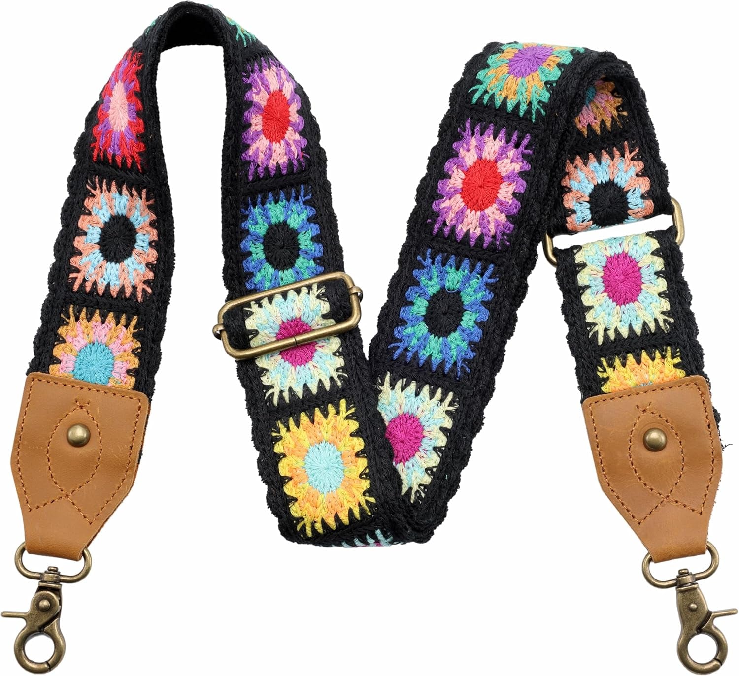 Purse Strap, 2" Crazy Horse Leather End Shoulder Strap Adjustable Replacement,Retro Jacquard Embroidery Multi-Pattern Crossbody Bag Straps for Handbag,Crossbody Bags(White Woven)