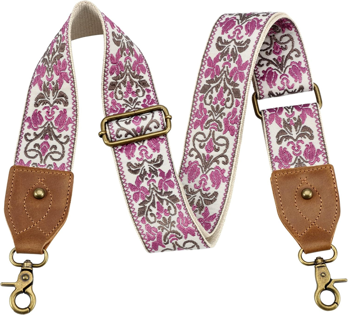 Purse Strap, 2" Crazy Horse Leather End Shoulder Strap Adjustable Replacement,Retro Jacquard Embroidery Multi-Pattern Crossbody Bag Straps for Handbag,Crossbody Bags(White Woven)