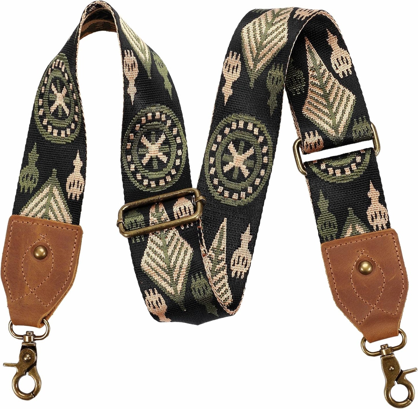 Purse Strap, 2" Crazy Horse Leather End Shoulder Strap Adjustable Replacement,Retro Jacquard Embroidery Multi-Pattern Crossbody Bag Straps for Handbag,Crossbody Bags(White Woven)