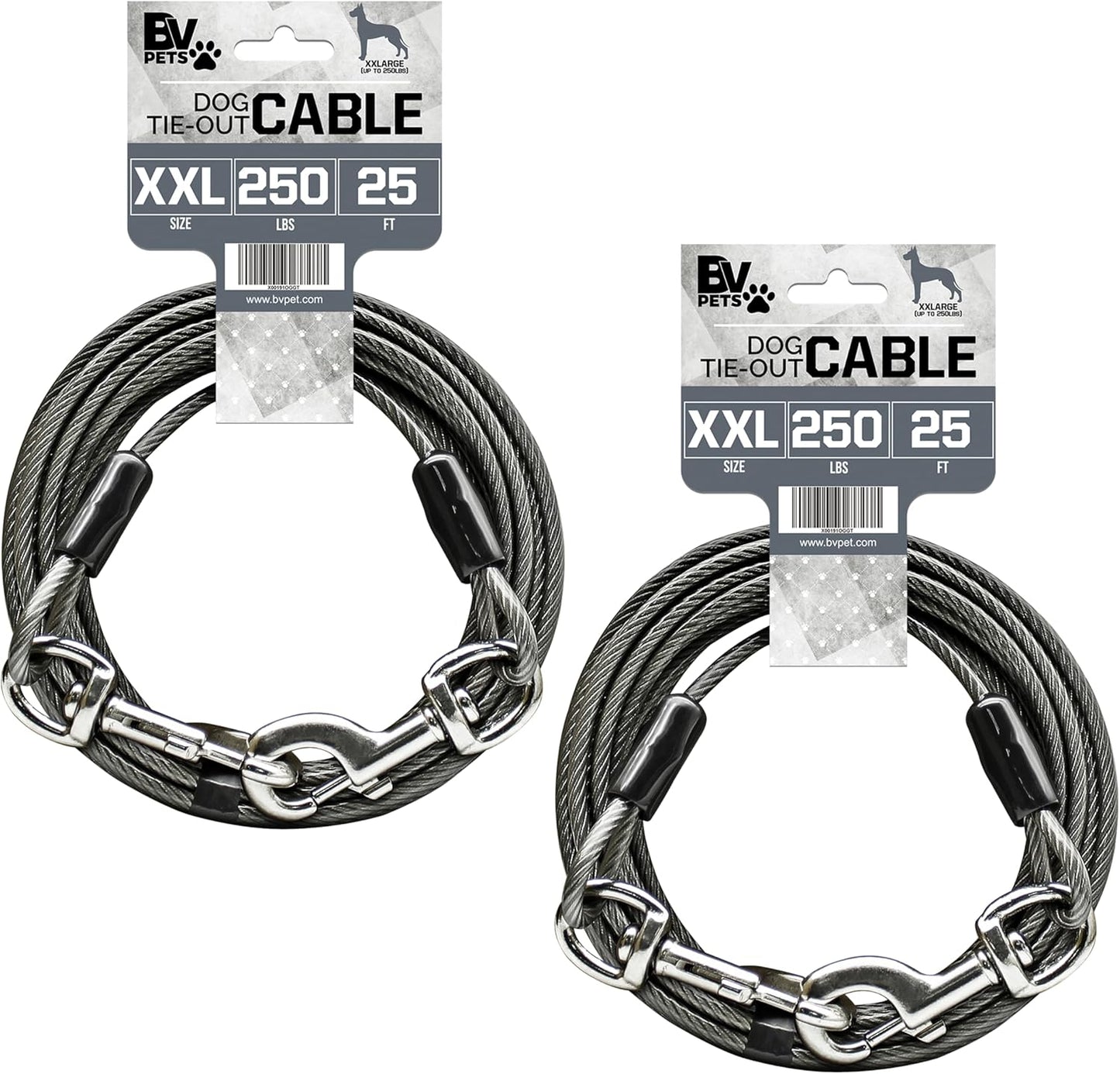 25-Foot Heavy-Duty Dog Tie-Out Cable for Dogs Up to 90 Pounds - Reflective, Rust-Resistant with Quick Release Swivel Clips & 360° Rotating Clasp - Tangle-Free Runner for Yard (Silver, Single)