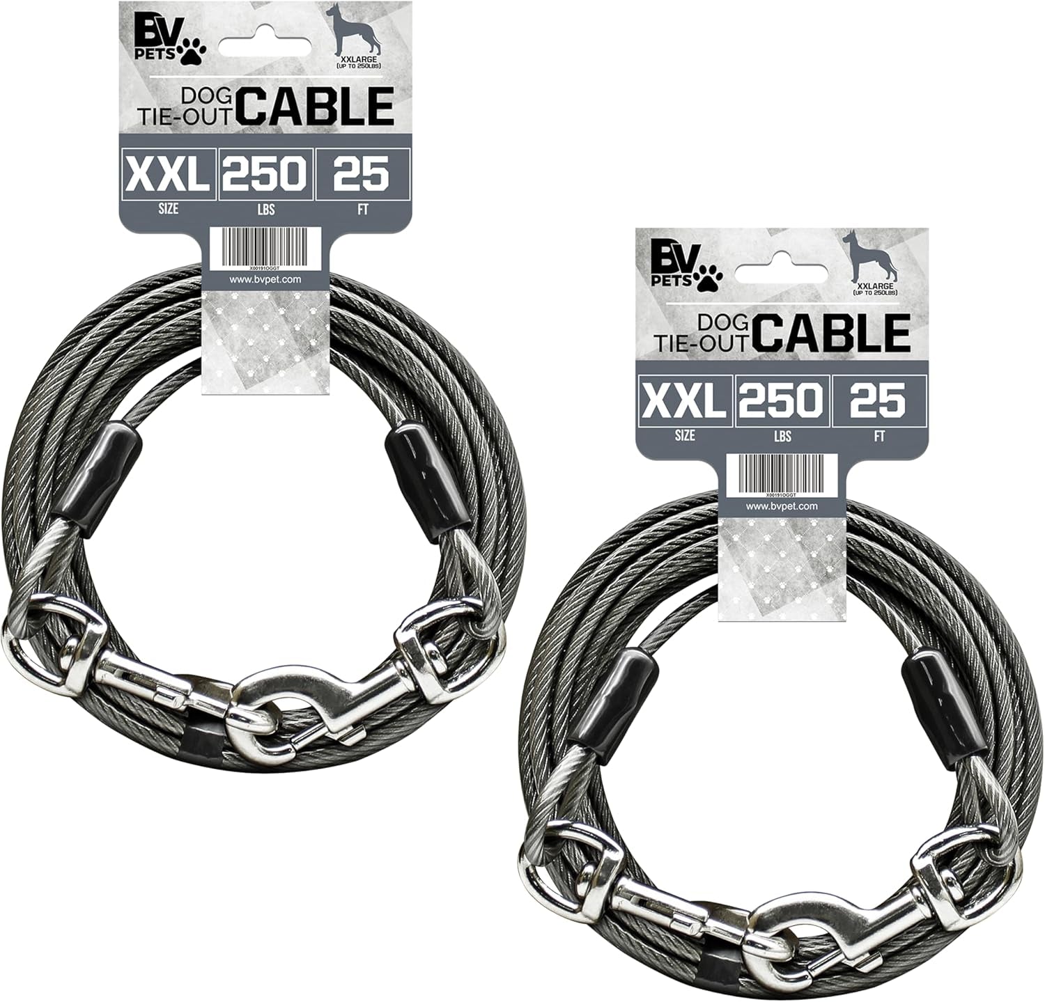 25-Foot Heavy-Duty Dog Tie-Out Cable for Dogs Up to 90 Pounds - Reflective, Rust-Resistant with Quick Release Swivel Clips & 360° Rotating Clasp - Tangle-Free Runner for Yard (Silver, Single)
