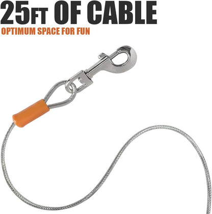 25-Foot Heavy-Duty Dog Tie-Out Cable for Dogs Up to 90 Pounds - Reflective, Rust-Resistant with Quick Release Swivel Clips & 360° Rotating Clasp - Tangle-Free Runner for Yard (Silver, Single)