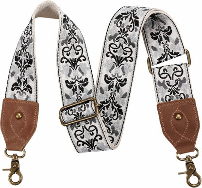 Purse Strap, 2" Crazy Horse Leather End Shoulder Strap Adjustable Replacement,Retro Jacquard Embroidery Multi-Pattern Crossbody Bag Straps for Handbag,Crossbody Bags(White Woven)