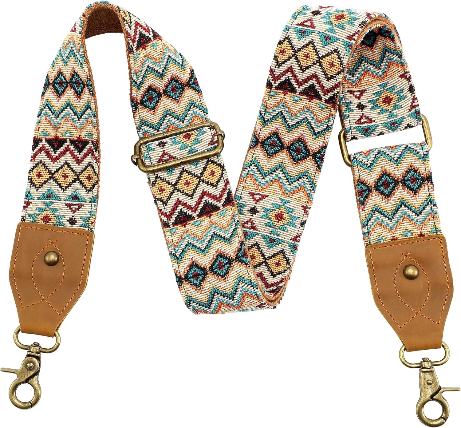 Purse Strap, 2" Crazy Horse Leather End Shoulder Strap Adjustable Replacement,Retro Jacquard Embroidery Multi-Pattern Crossbody Bag Straps for Handbag,Crossbody Bags(White Woven)