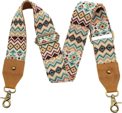 Purse Strap, 2" Crazy Horse Leather End Shoulder Strap Adjustable Replacement,Retro Jacquard Embroidery Multi-Pattern Crossbody Bag Straps for Handbag,Crossbody Bags(White Woven)