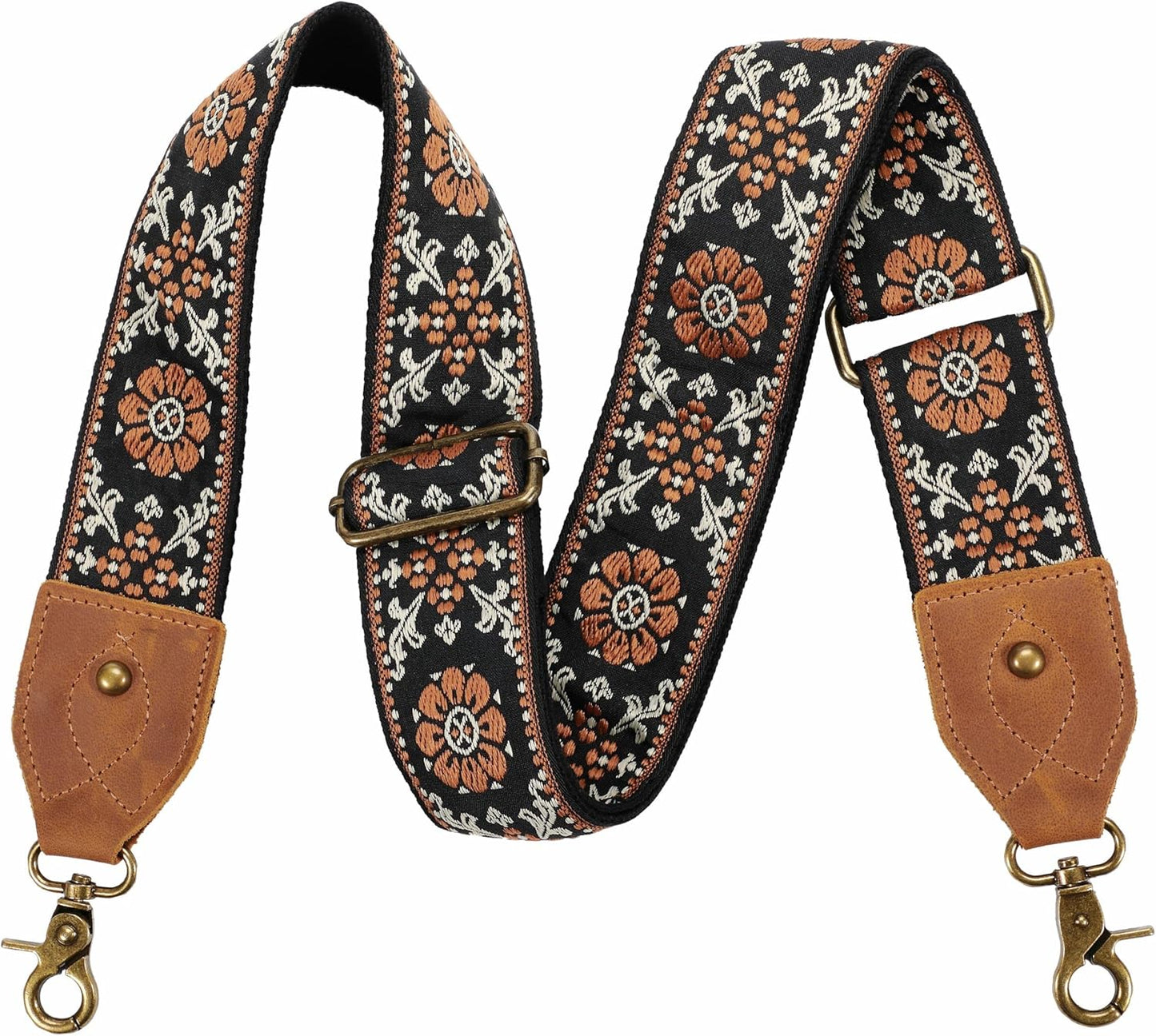 Purse Strap, 2" Crazy Horse Leather End Shoulder Strap Adjustable Replacement,Retro Jacquard Embroidery Multi-Pattern Crossbody Bag Straps for Handbag,Crossbody Bags(White Woven)