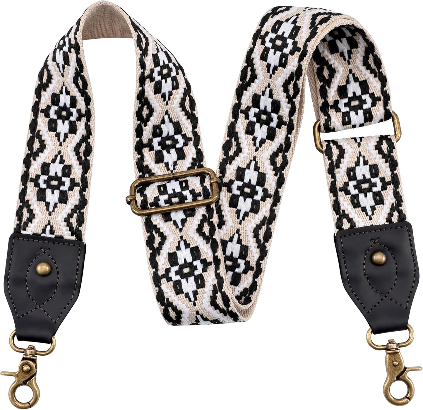 Purse Strap, 2" Crazy Horse Leather End Shoulder Strap Adjustable Replacement,Retro Jacquard Embroidery Multi-Pattern Crossbody Bag Straps for Handbag,Crossbody Bags(White Woven)