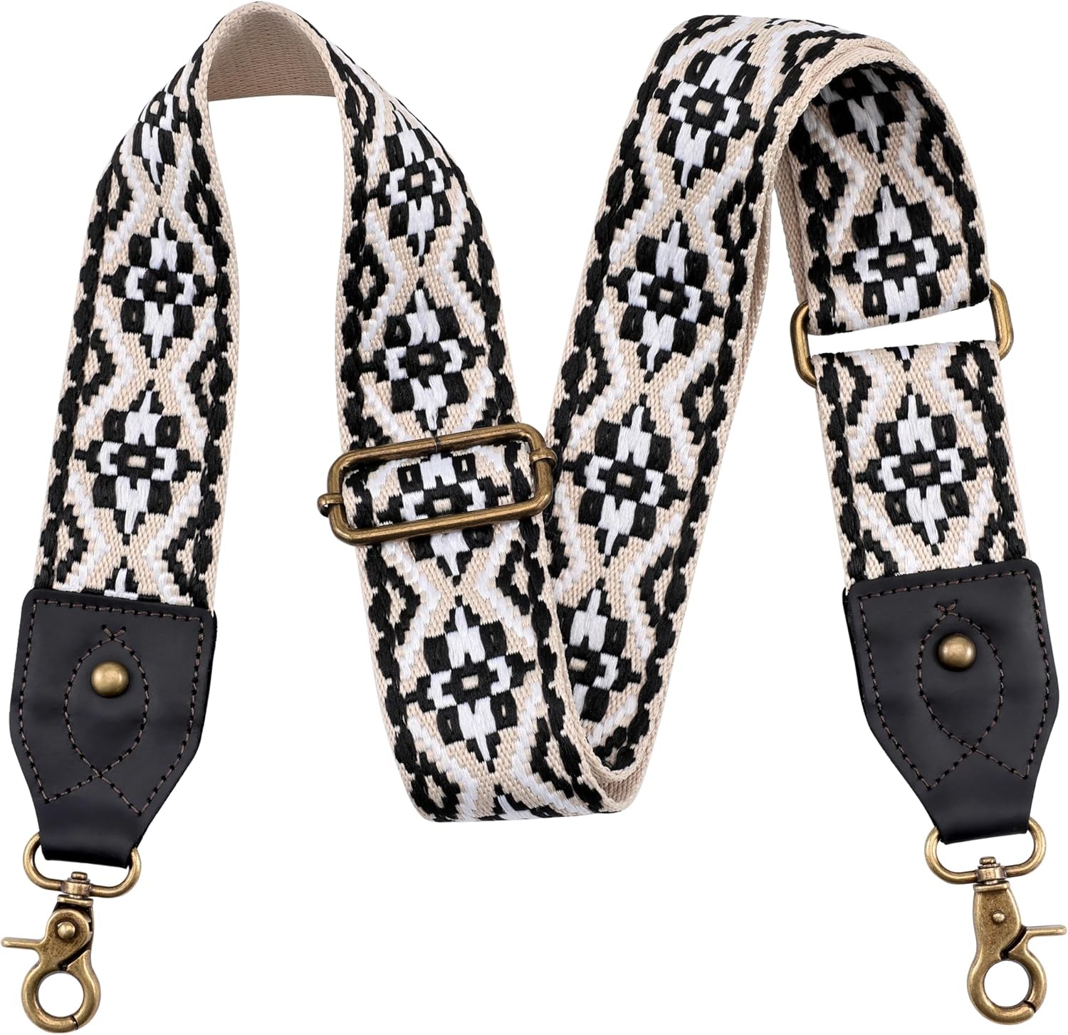 Purse Strap, 2" Crazy Horse Leather End Shoulder Strap Adjustable Replacement,Retro Jacquard Embroidery Multi-Pattern Crossbody Bag Straps for Handbag,Crossbody Bags(White Woven)