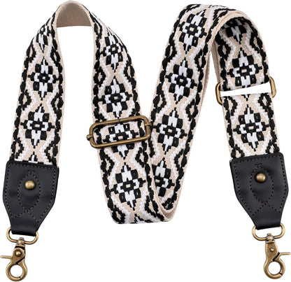 Purse Strap, 2" Crazy Horse Leather End Shoulder Strap Adjustable Replacement,Retro Jacquard Embroidery Multi-Pattern Crossbody Bag Straps for Handbag,Crossbody Bags(White Woven)