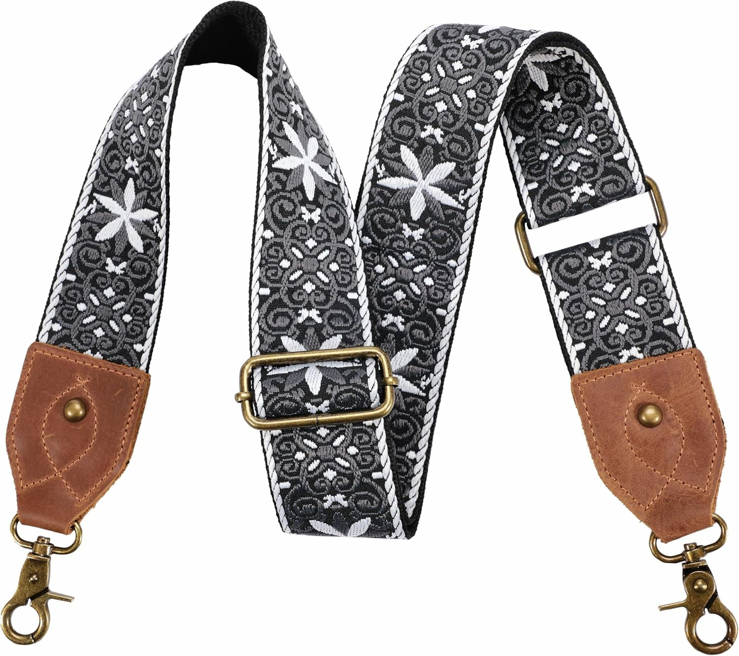 Purse Strap, 2" Crazy Horse Leather End Shoulder Strap Adjustable Replacement,Retro Jacquard Embroidery Multi-Pattern Crossbody Bag Straps for Handbag,Crossbody Bags(White Woven)