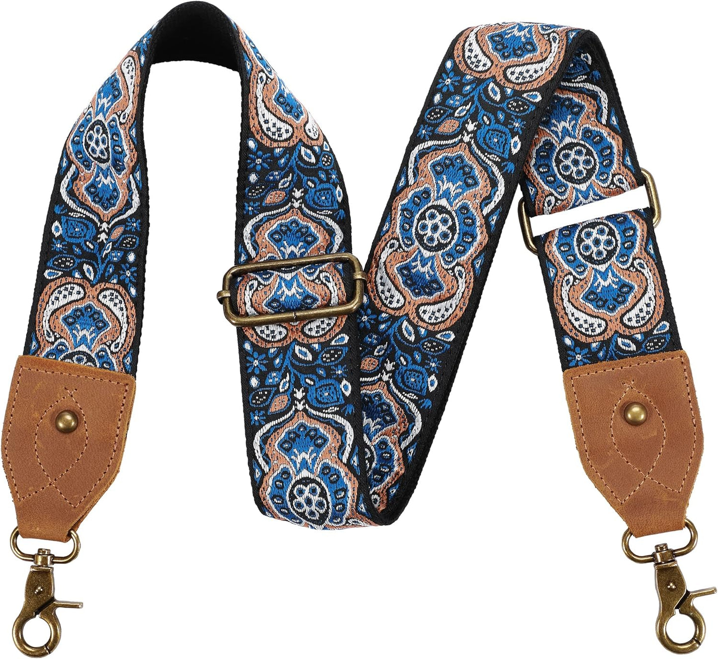 Purse Strap, 2" Crazy Horse Leather End Shoulder Strap Adjustable Replacement,Retro Jacquard Embroidery Multi-Pattern Crossbody Bag Straps for Handbag,Crossbody Bags(White Woven)