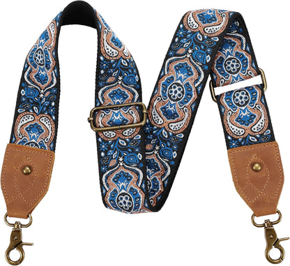 Purse Strap, 2" Crazy Horse Leather End Shoulder Strap Adjustable Replacement,Retro Jacquard Embroidery Multi-Pattern Crossbody Bag Straps for Handbag,Crossbody Bags(White Woven)