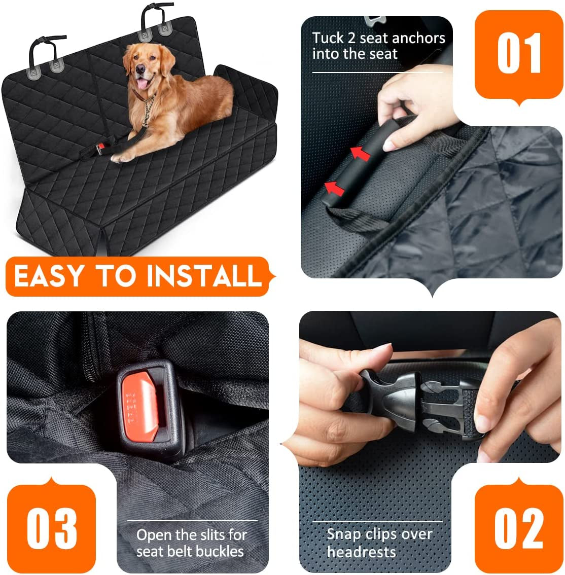 Waterproof Dog Car Seat Cover - Non-Slip Back Seat Protector for Cars, Trucks, and SUVs, Compatible with Middle Armrest - Black
