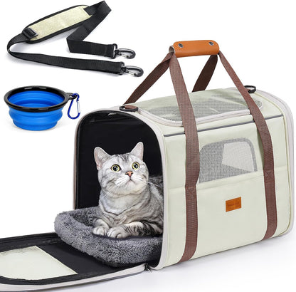 Cat Carrier - Cat Carrier Soft for Medium or Large Cats up to 20Lbs, with Dual-Sided Cushion, Secure Buckle and Foldable Bowl, Dog Carriers for Small Dogs - Pet Carrier (Dark Gray)