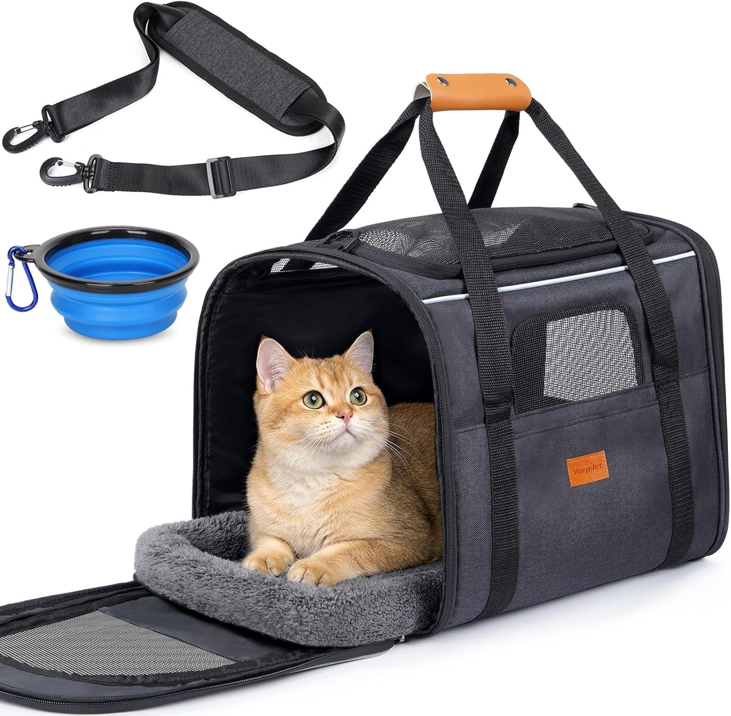 Cat Carrier - Cat Carrier Soft for Medium or Large Cats up to 20Lbs, with Dual-Sided Cushion, Secure Buckle and Foldable Bowl, Dog Carriers for Small Dogs - Pet Carrier (Dark Gray)