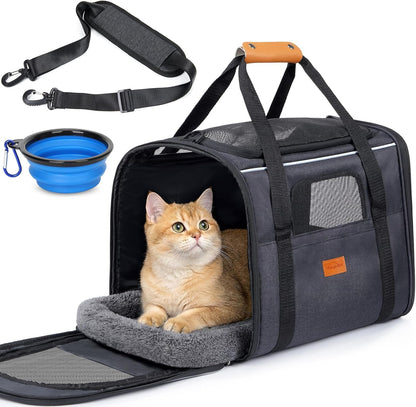 Cat Carrier - Cat Carrier Soft for Medium or Large Cats up to 20Lbs, with Dual-Sided Cushion, Secure Buckle and Foldable Bowl, Dog Carriers for Small Dogs - Pet Carrier (Dark Gray)