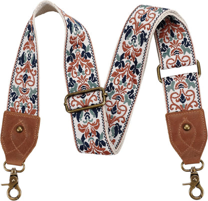 Purse Strap, 2" Crazy Horse Leather End Shoulder Strap Adjustable Replacement,Retro Jacquard Embroidery Multi-Pattern Crossbody Bag Straps for Handbag,Crossbody Bags(White Woven)