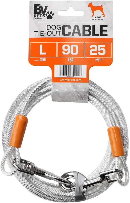 25-Foot Heavy-Duty Dog Tie-Out Cable for Dogs Up to 90 Pounds - Reflective, Rust-Resistant with Quick Release Swivel Clips & 360° Rotating Clasp - Tangle-Free Runner for Yard (Silver, Single)