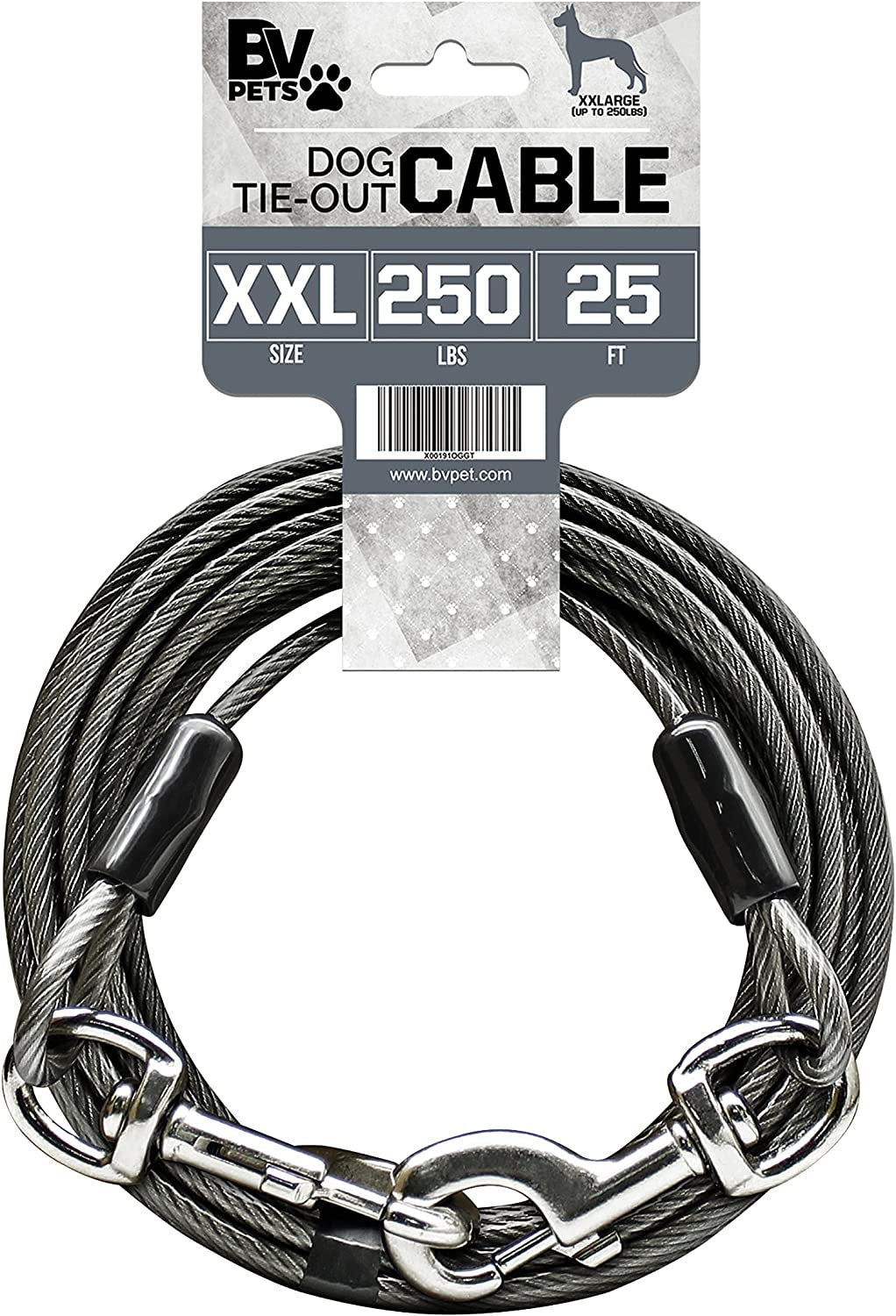 25-Foot Heavy-Duty Dog Tie-Out Cable for Dogs Up to 90 Pounds - Reflective, Rust-Resistant with Quick Release Swivel Clips & 360° Rotating Clasp - Tangle-Free Runner for Yard (Silver, Single)