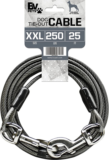 25-Foot Heavy-Duty Dog Tie-Out Cable for Dogs Up to 90 Pounds - Reflective, Rust-Resistant with Quick Release Swivel Clips & 360° Rotating Clasp - Tangle-Free Runner for Yard (Silver, Single)