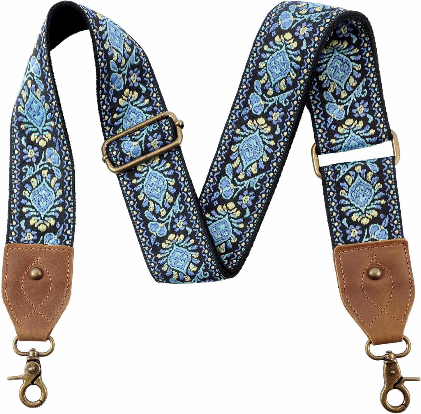 Purse Strap, 2" Crazy Horse Leather End Shoulder Strap Adjustable Replacement,Retro Jacquard Embroidery Multi-Pattern Crossbody Bag Straps for Handbag,Crossbody Bags(White Woven)