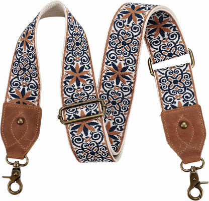 Purse Strap, 2" Crazy Horse Leather End Shoulder Strap Adjustable Replacement,Retro Jacquard Embroidery Multi-Pattern Crossbody Bag Straps for Handbag,Crossbody Bags(White Woven)