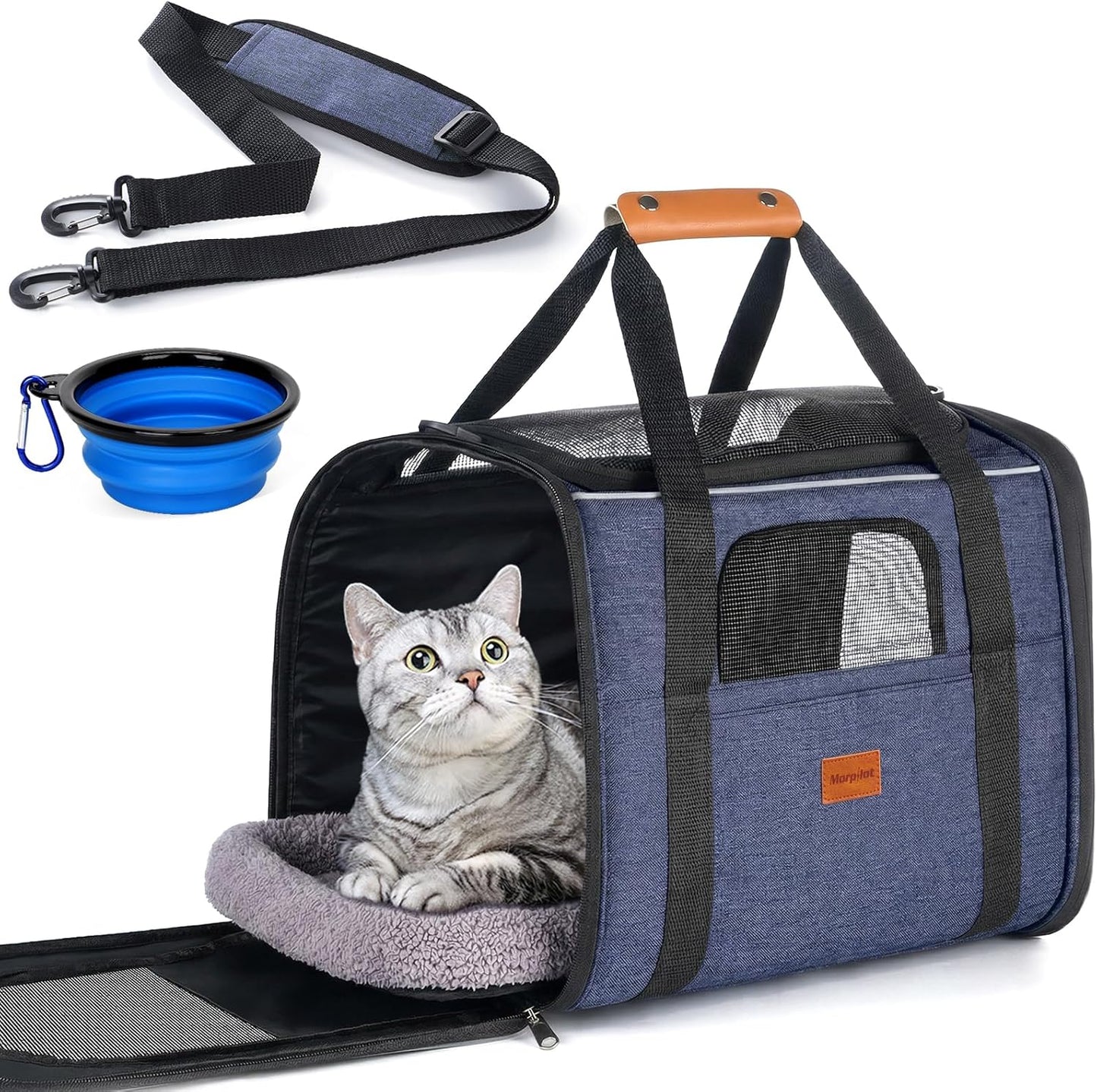 Cat Carrier - Cat Carrier Soft for Medium or Large Cats up to 20Lbs, with Dual-Sided Cushion, Secure Buckle and Foldable Bowl, Dog Carriers for Small Dogs - Pet Carrier (Dark Gray)