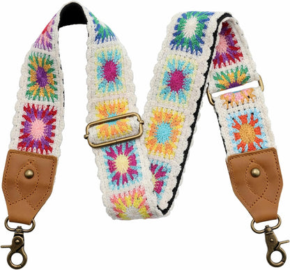 Purse Strap, 2" Crazy Horse Leather End Shoulder Strap Adjustable Replacement,Retro Jacquard Embroidery Multi-Pattern Crossbody Bag Straps for Handbag,Crossbody Bags(White Woven)