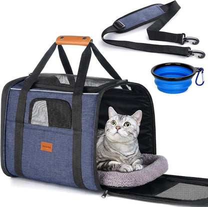 Cat Carrier - Cat Carrier Soft for Medium or Large Cats up to 20Lbs, with Dual-Sided Cushion, Secure Buckle and Foldable Bowl, Dog Carriers for Small Dogs - Pet Carrier (Dark Gray)